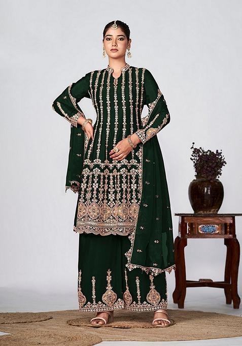 Dark Green Embroidered Silk Kurta Set