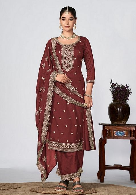 Brown Embroidered Silk Kurta Set