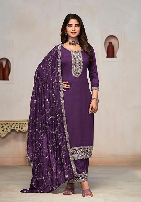 Dark Violet Embroidered Silk Kurta Set