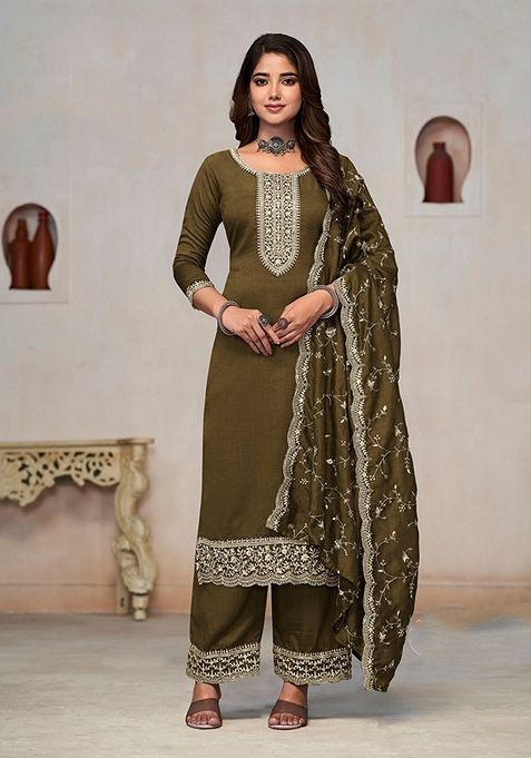 Dark Olive Embroidered Silk Kurta Set