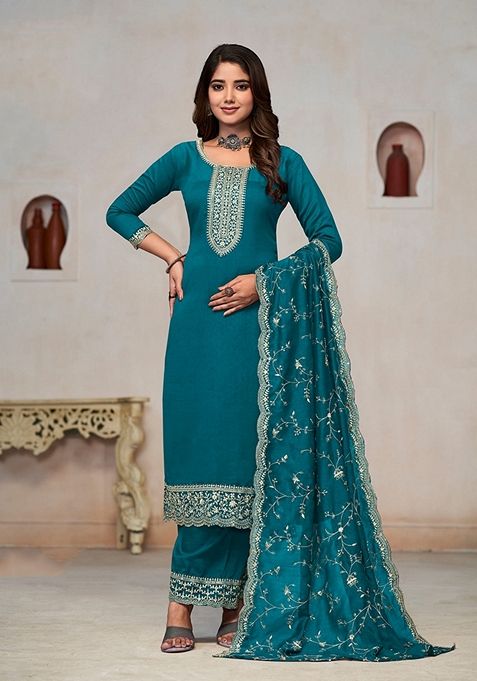 Dark Blue Embroidered Silk Kurta Set