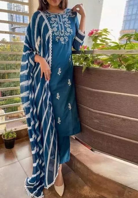 Blue Embroidered Rayon Kurta Set