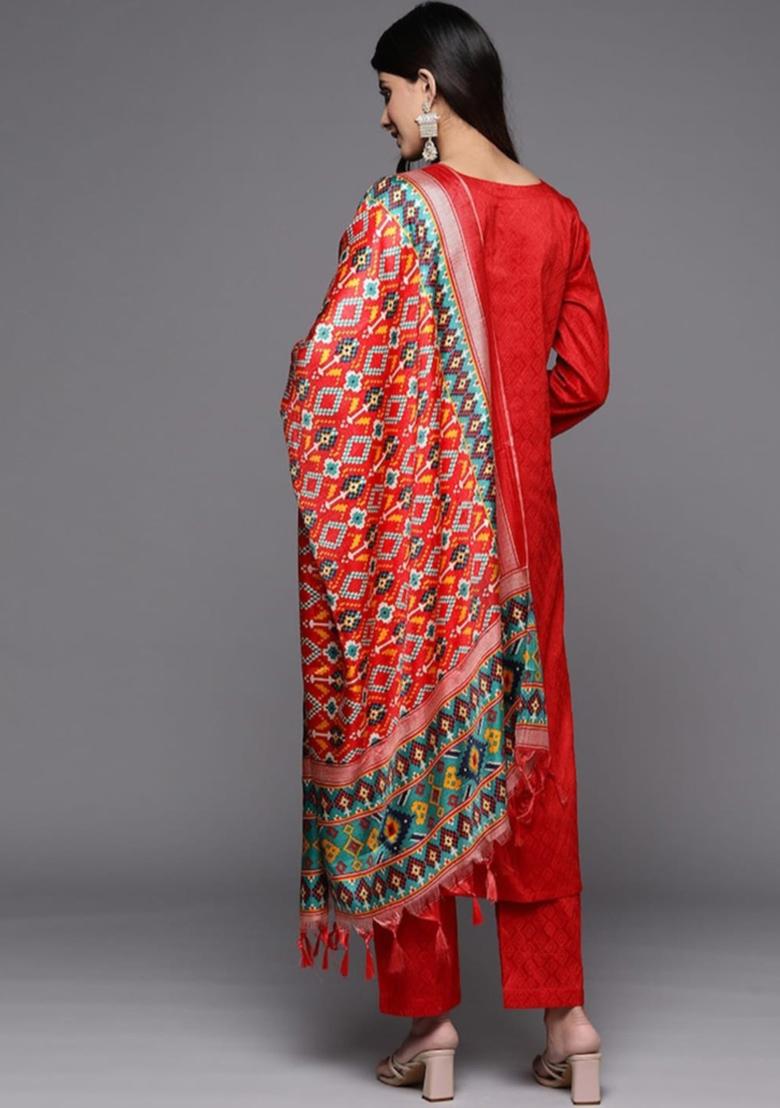 Red Embroidered Viscose Kurta Set