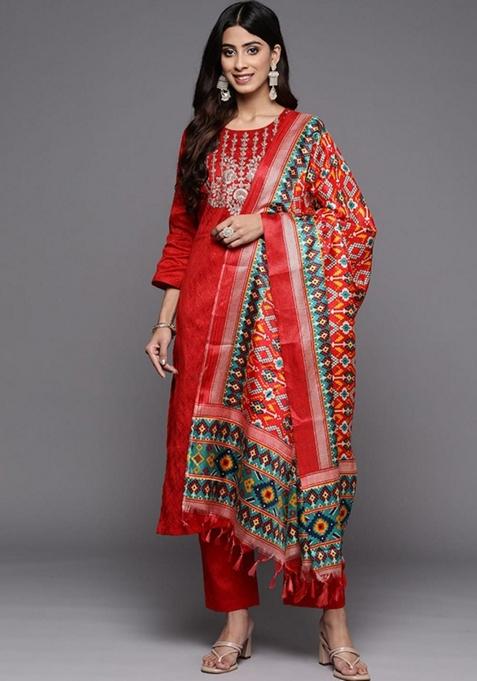 Red Embroidered Viscose Kurta Set