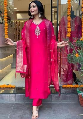 Rani Pink Embroidered Pure Chanderi Kurta Set