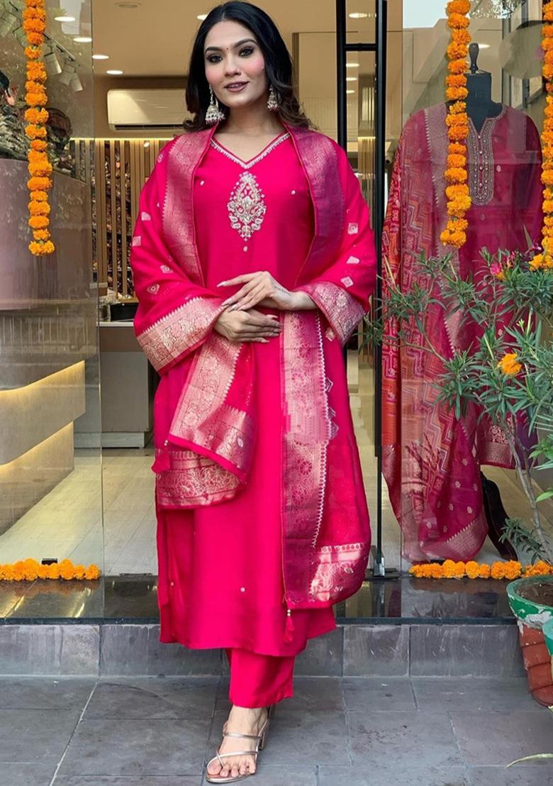 Rani Pink Embroidered Pure Chanderi Kurta Set