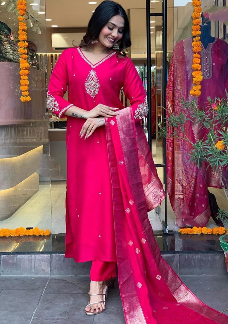 Rani Pink Embroidered Pure Chanderi Kurta Set