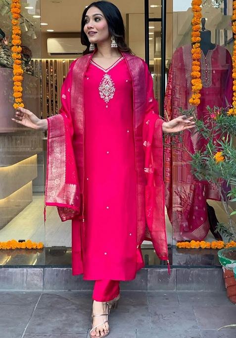 Rani Pink Embroidered Pure Chanderi Kurta Set