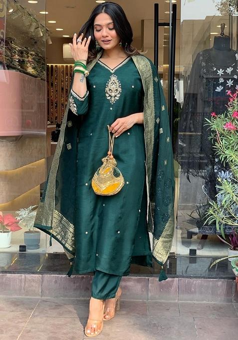 Teal Green Embroidered Pure Chanderi Kurta Set