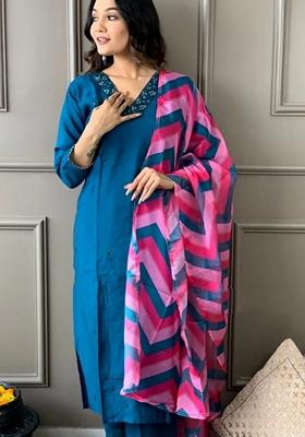 Blue Embroidered Rayon Kurta Set