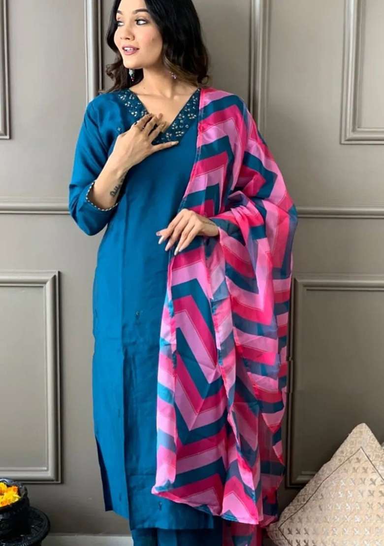 Blue Solid Rayon Straight Kurta Set - Indya