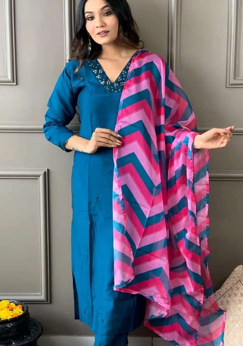 Blue Solid Rayon Straight Kurta Set - Indya