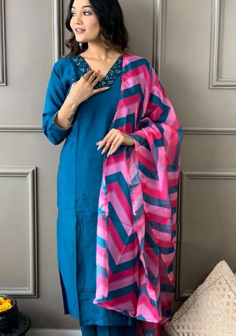 Blue Solid Rayon Straight Kurta Set - Indya