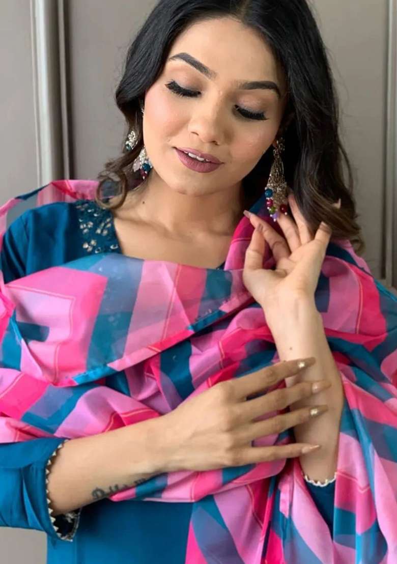 Blue Solid Rayon Straight Kurta Set - Indya