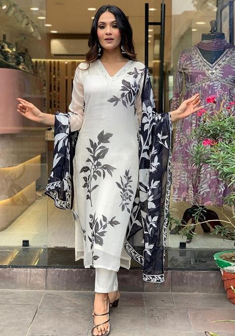 White Digital Print Rayon Kurta Set