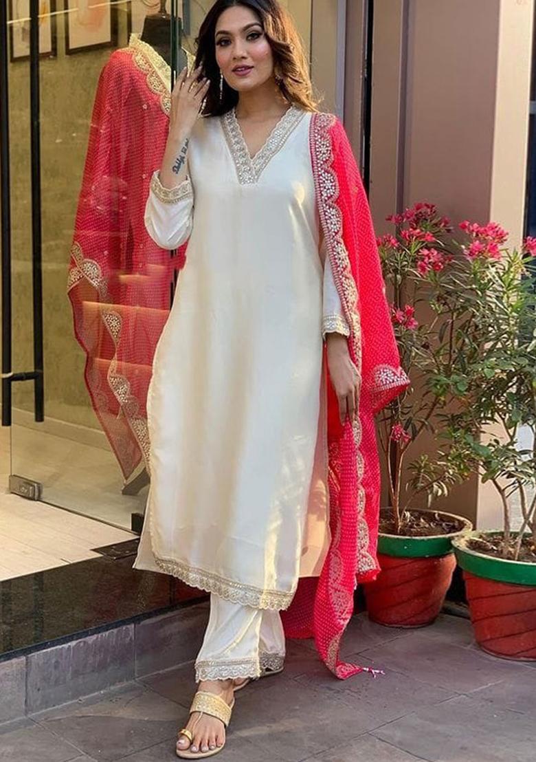 White Embroidered Silk Blend Kurta Set With Dupatta