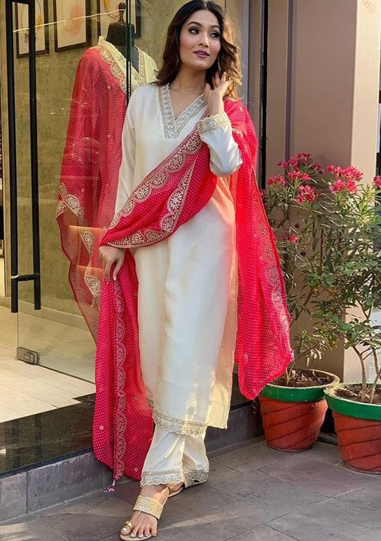 White Embroidered Silk Blend Kurta Set