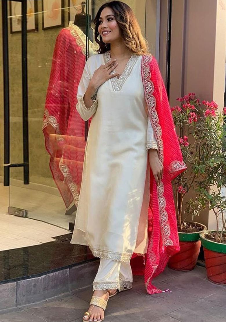 White Embroidered Silk Blend Kurta Set With Dupatta