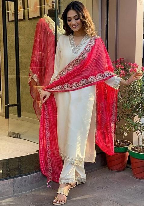 White Embroidered Silk Blend Kurta Set With Dupatta