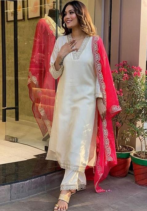 White Embroidered Silk Blend Kurta Set With Dupatta