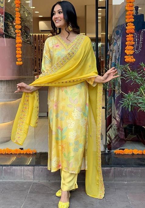 Yellow Embroidered Viscose Kurta Set