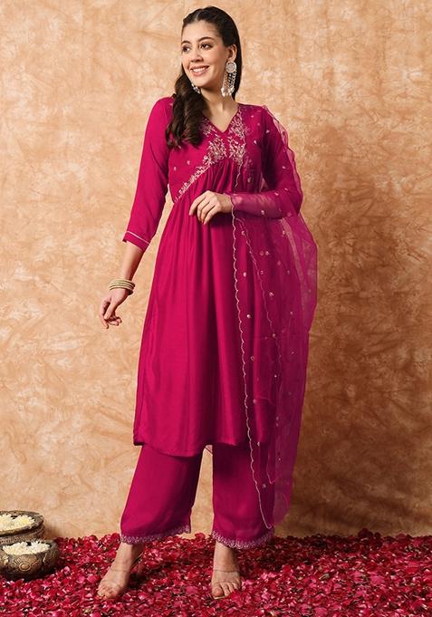 Rani Pink Embroidered Silk Kurta Set