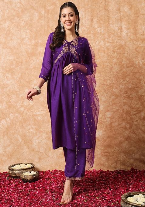 Wine Embroidered Silk Kurta Set