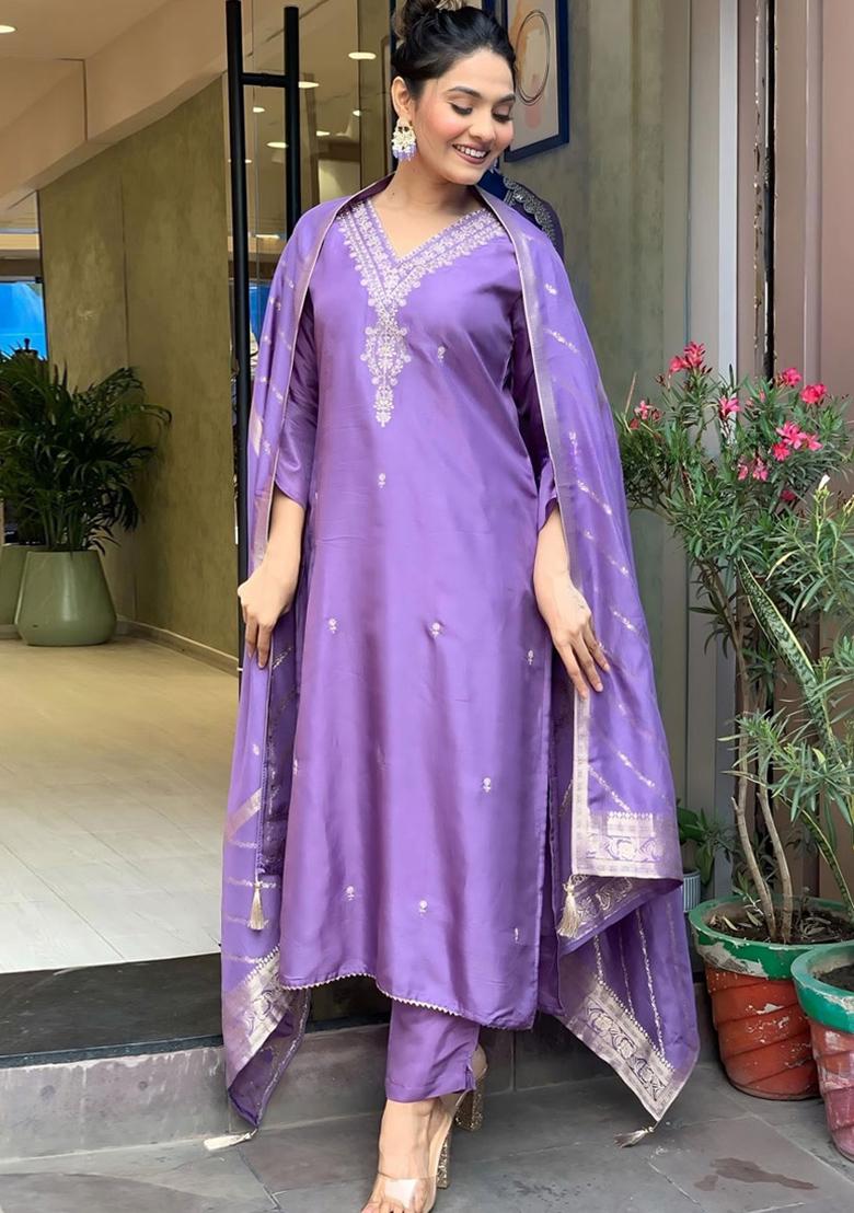 Lavender Embroidered Viscose Kurta Set