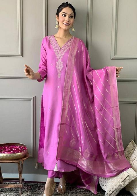 Pink Embroidered Viscose Kurta Set