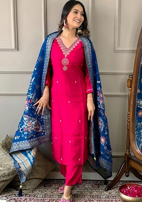 Rani Pink Embroidered Viscose Kurta Set