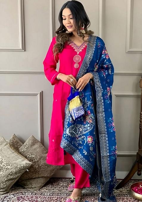 Jhumri Cupro Satin Rani Pink Kurta Set
