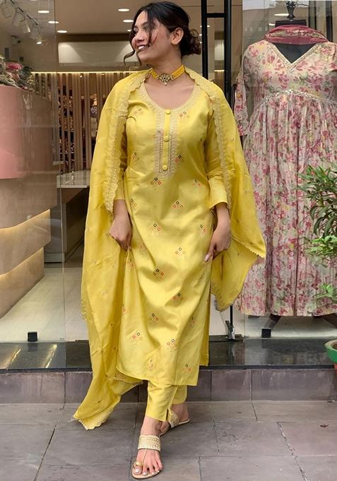 Yellow Embroidered Viscose Kurta Set