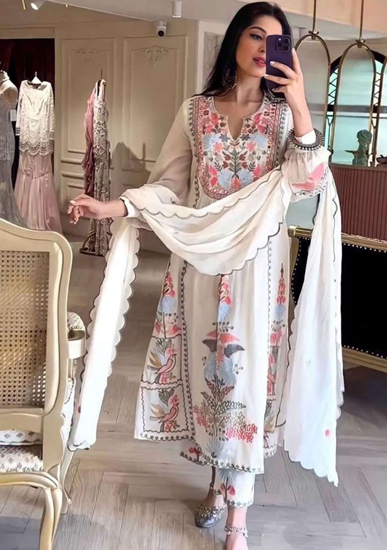 White Embroidered Georgette Kurta Set - Indya