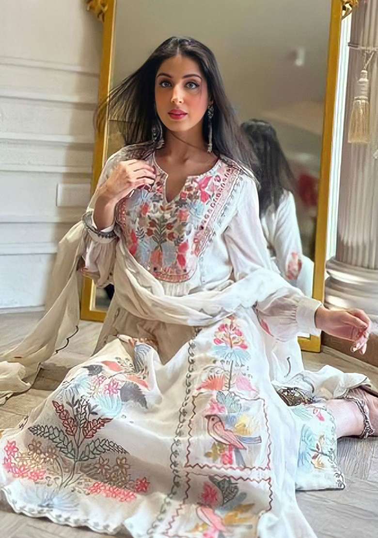 White Embroidered Georgette Kurta Set - Indya