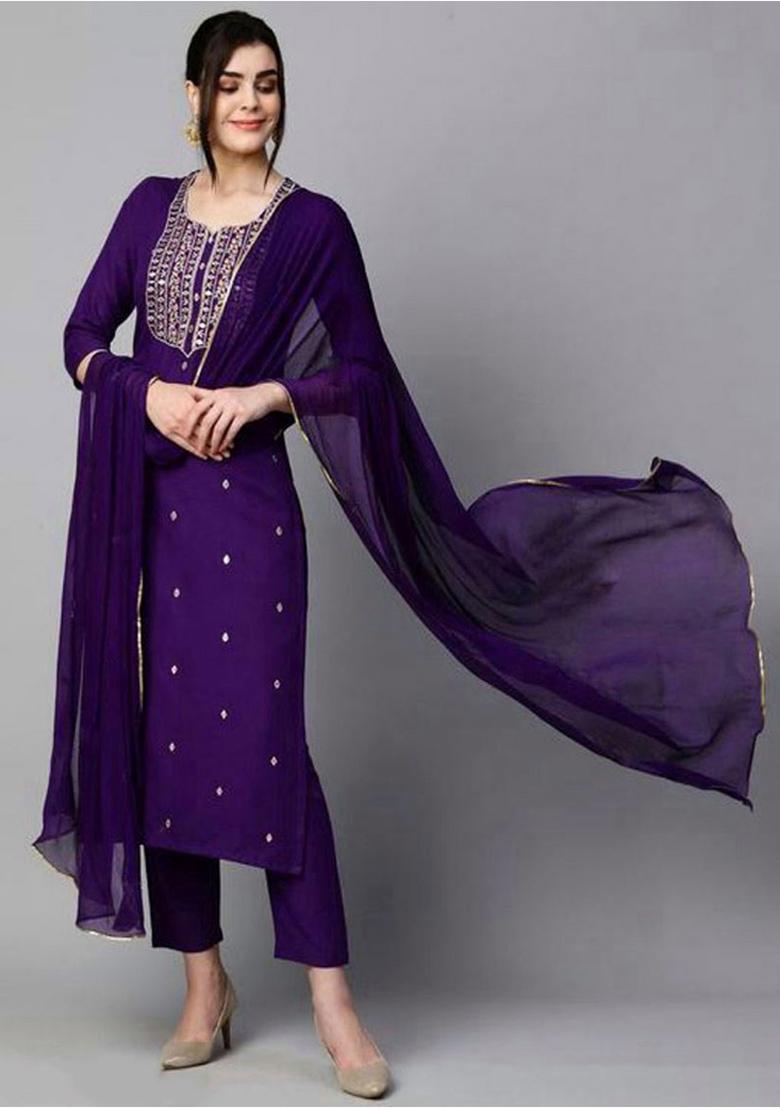 Wine Embroidered Rayon Kurta Set