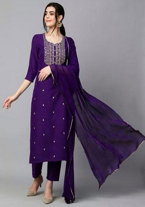 Wine Embroidered Rayon Kurta Set