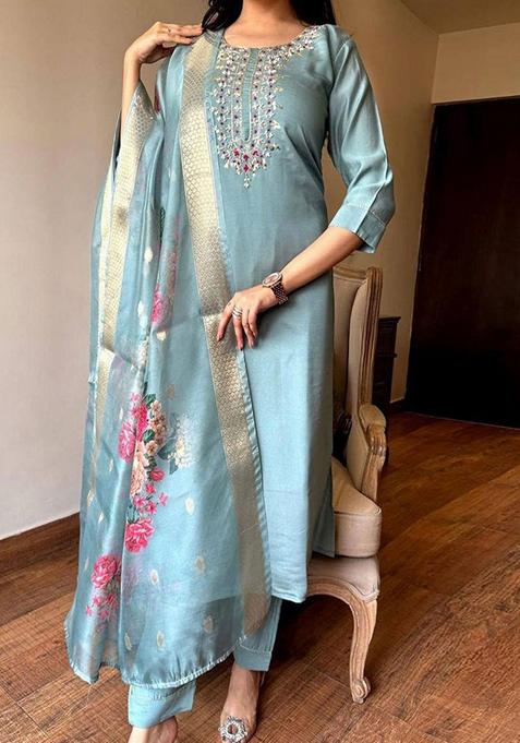 Grey Embroidered Viscose Kurta Set