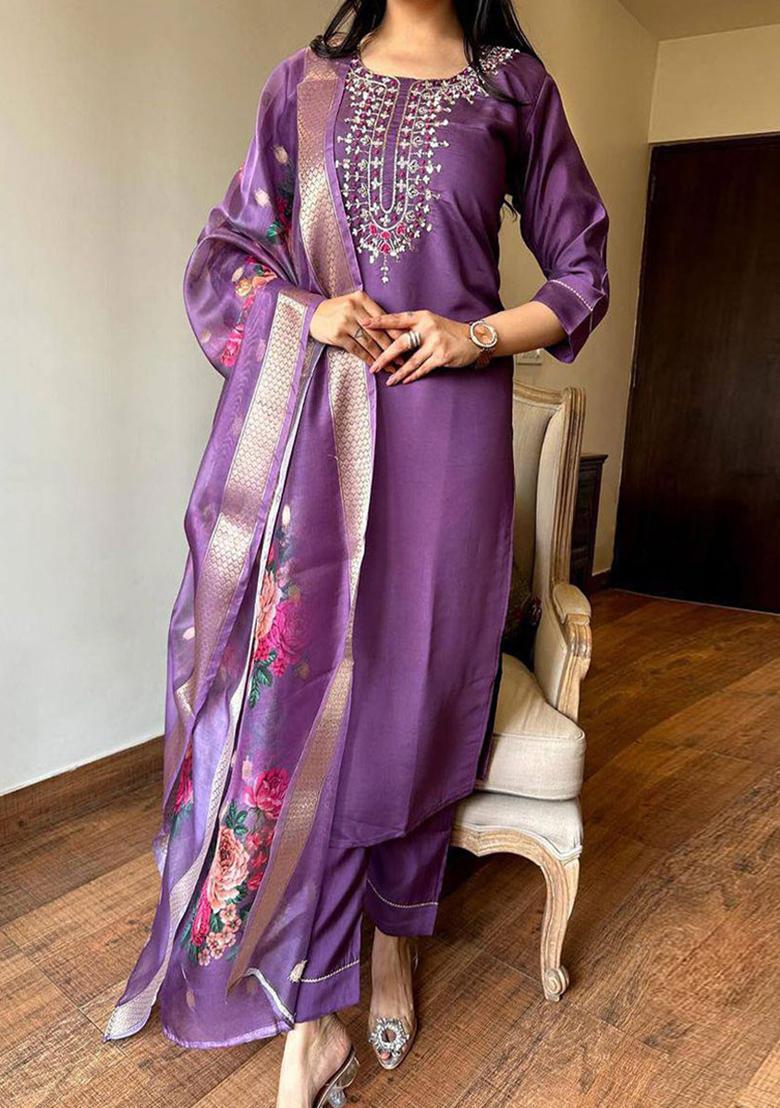 Purple Embroidered Viscose Kurta Set