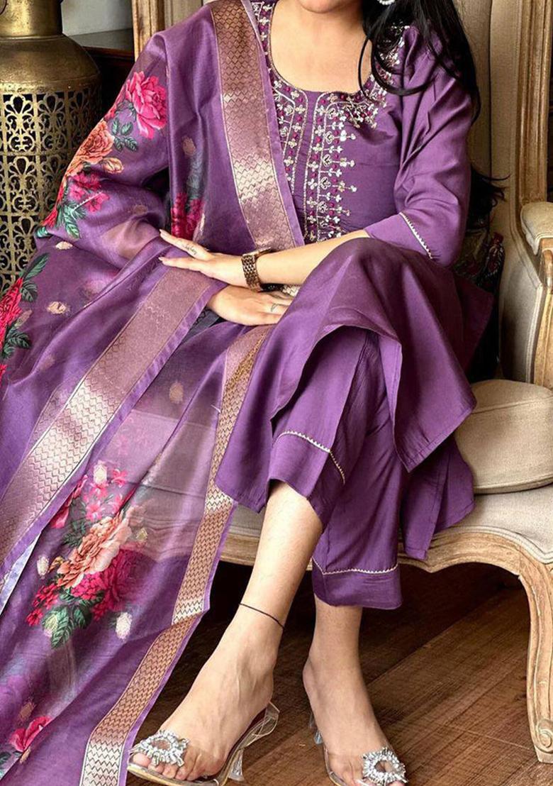 Purple Embroidered Viscose Kurta Set