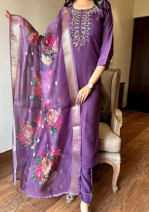 Purple Embroidered Viscose Kurta Set