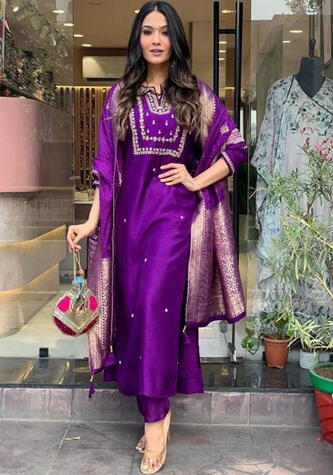 Purple Embroidered Viscose Kurta Set