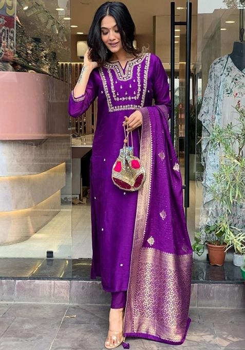 Purple Viscose Rayon Embroidered Kurta Trouser With Dupatta  HPKSKD2805