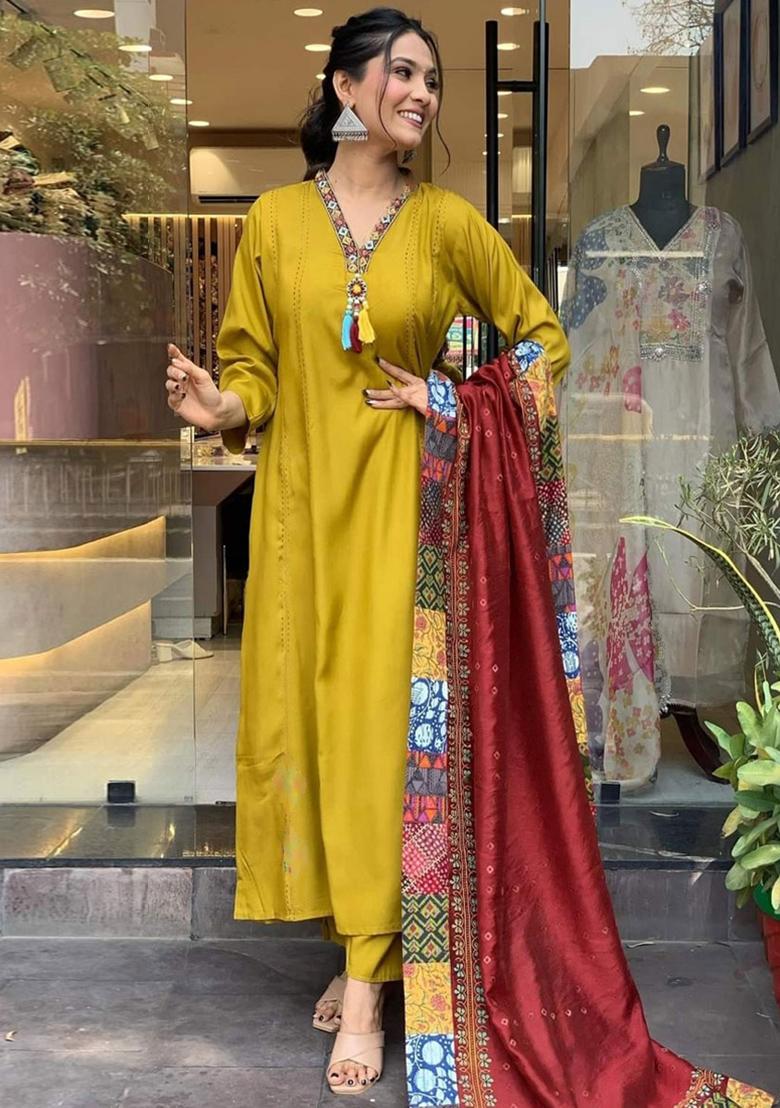 Mustard Embroidered Viscose Kurta Set