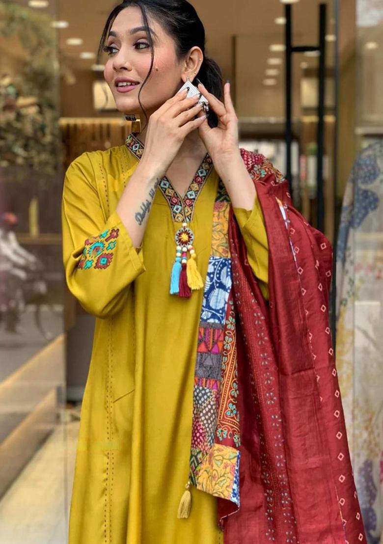 Mustard Embroidered Viscose Kurta Set