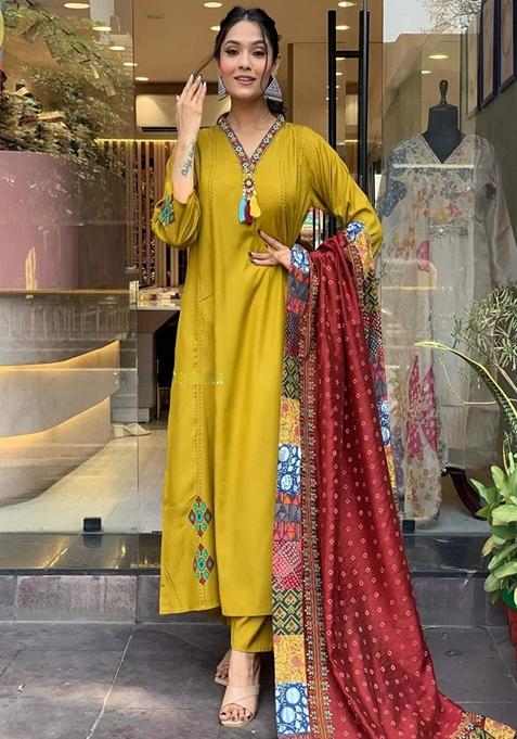 Mustard Embroidered Viscose Kurta Set