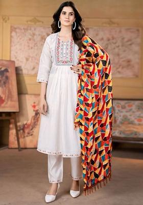 White Embroidered Viscose Kurta Set