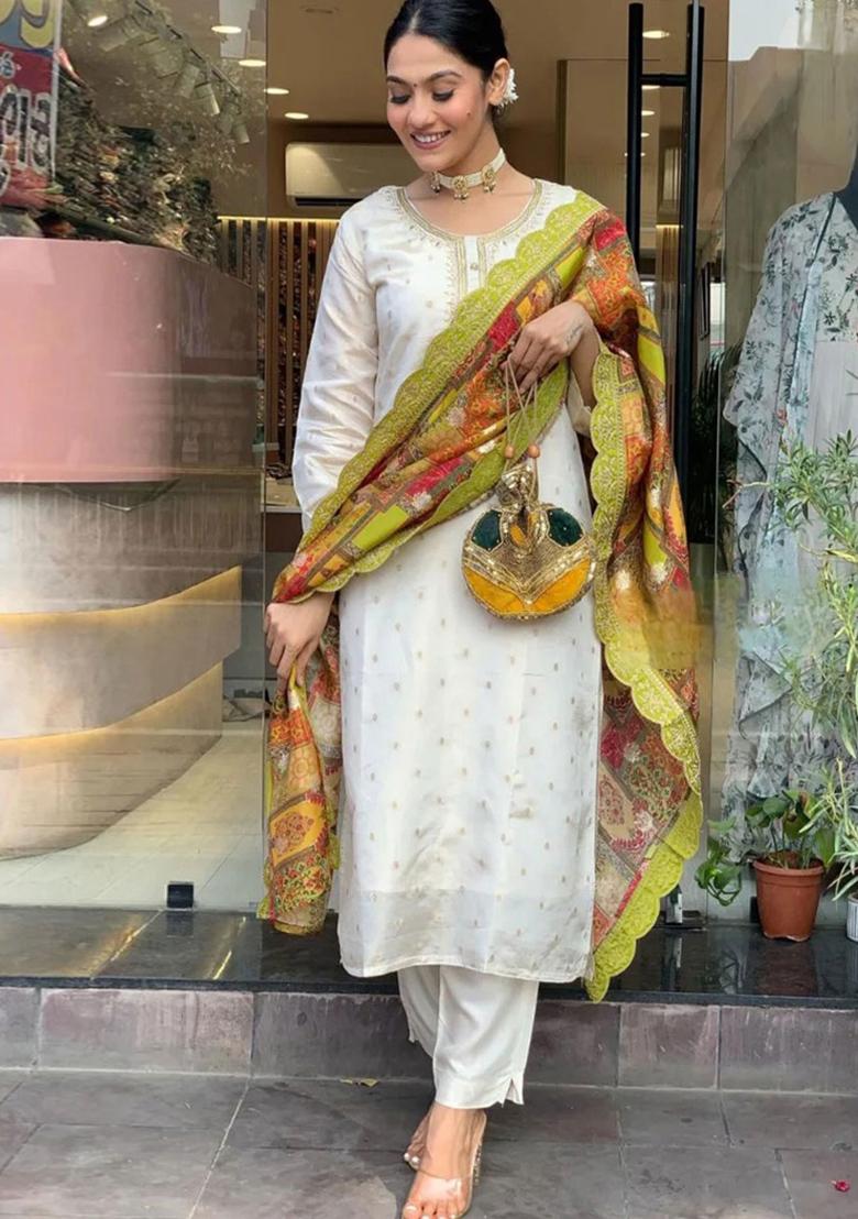 White Embroidered Jacquard Kurta Set