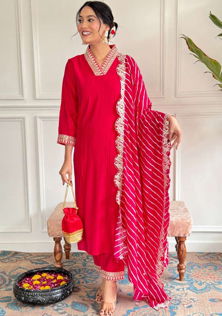 Rani Pink Embroidered Chanderi Kurta Set With Dupatta - Indya