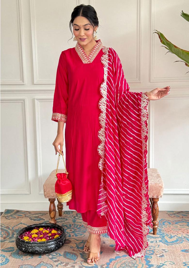 Rani Pink Embroidered Chanderi Kurta Set