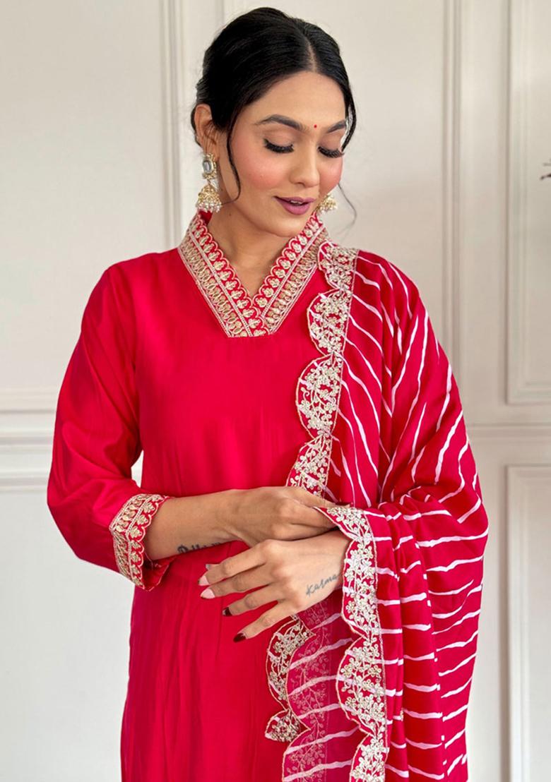 Rani Pink Embroidered Chanderi Kurta Set